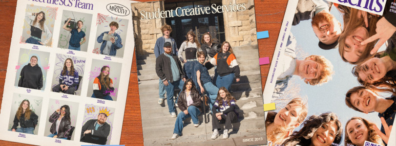 Table covered in materials promoting Student Creative Services