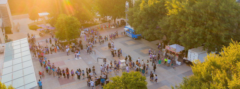 Students and community members gathered on Bosco Plaza shot from aerial view