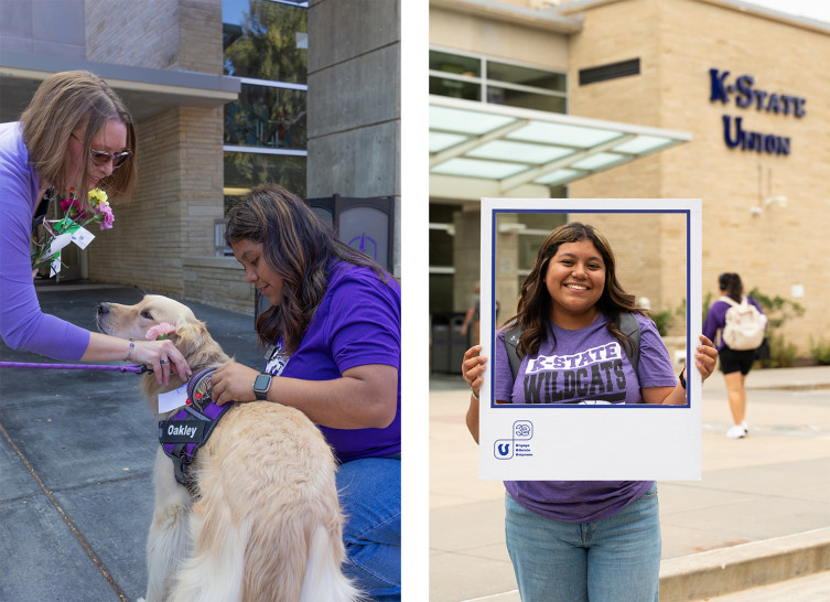 Two separate pictures of Laly Hernandez pictured with Oakley the Union's service animal and Laly Hernandez holding up a life-size polaroid in front of the K-State Student Union on Bosco Plaza